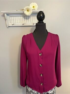 Elodie Magenta Button-Front V-Neck Blouse EUC